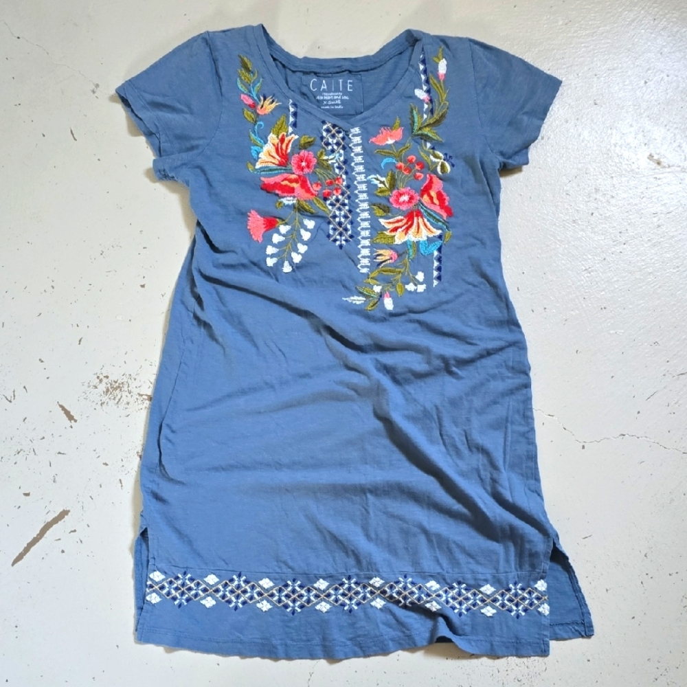 Caite Blue Dress 100% Cotton Embroidred Size Xs Women's Johnny Was Style